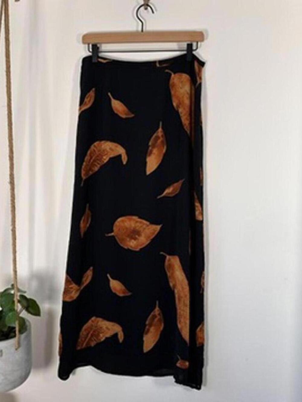 Vantana Y2K Silk Midi Slip Skirt Black‎ Rust Leaf Print Indie Sleaze Grunge 12